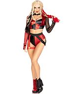 Harley Quinn, Kostüm mit Top und Shorts, lange Ärmel, Netzeinlage, Front-Reißverschluss